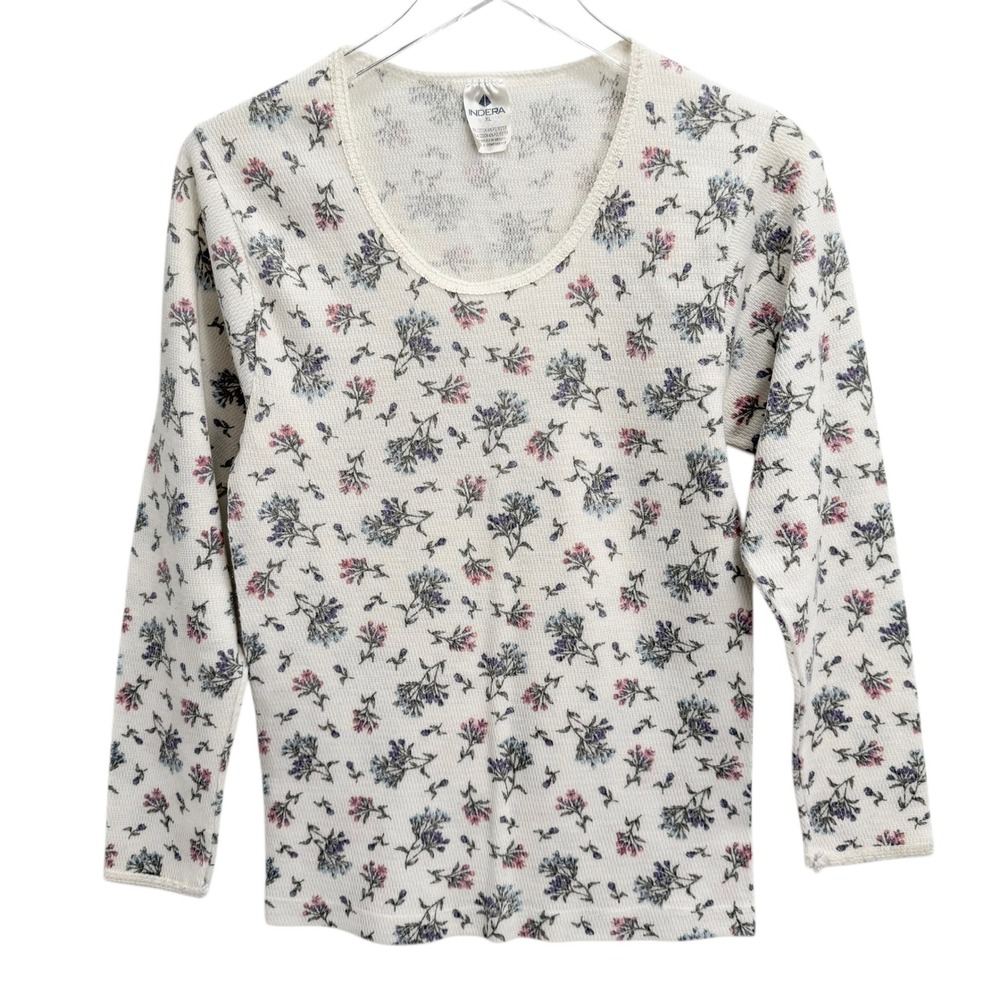 Vintage Indera Floral Waffle Knit Thermal Top L Coquette Cottage Long Sleeve